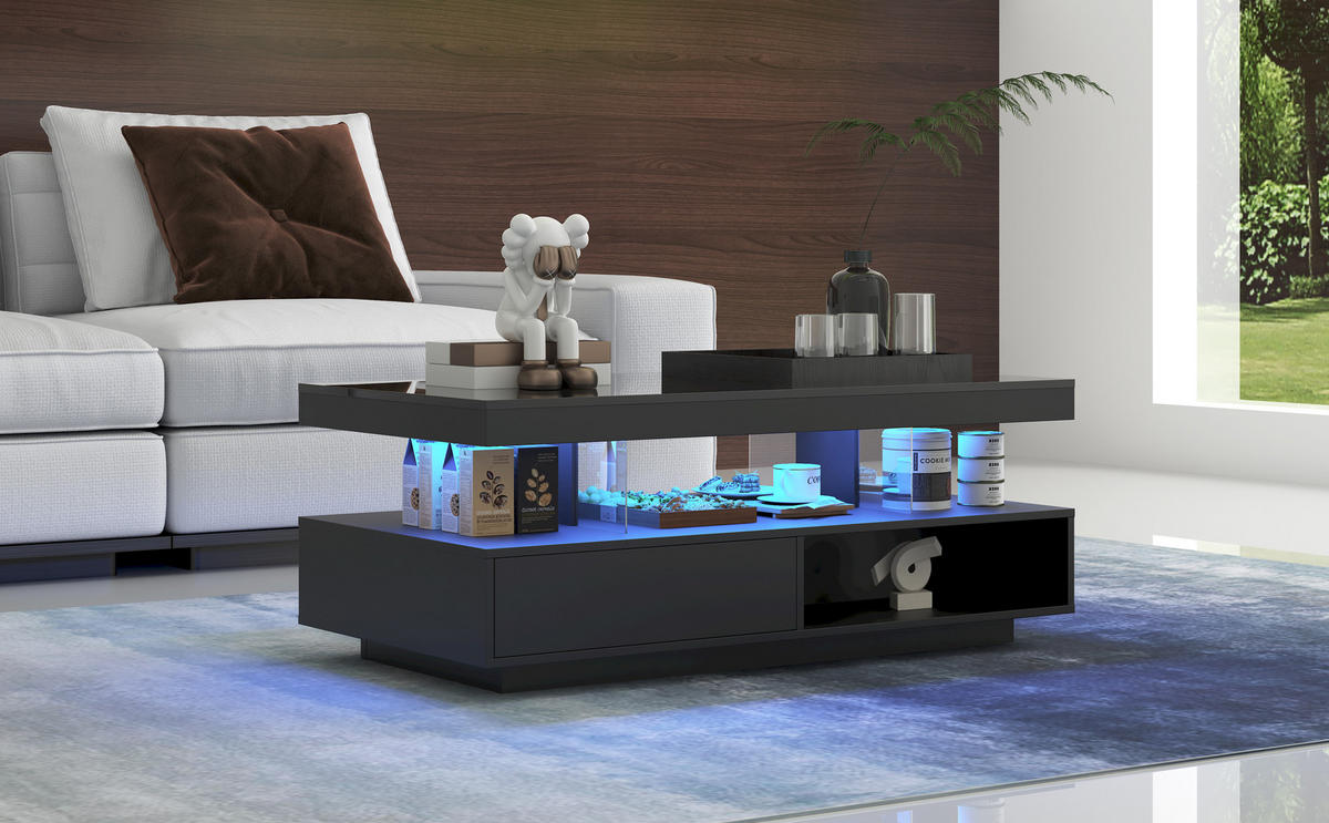 COUCHTISCH 95/50/42,5 cm schwarz mit Hochglanz-Oberfläche und 2 Schubladen - Schwarz, Holzwerkstoff (95/50/42.5cm) - OKWISH