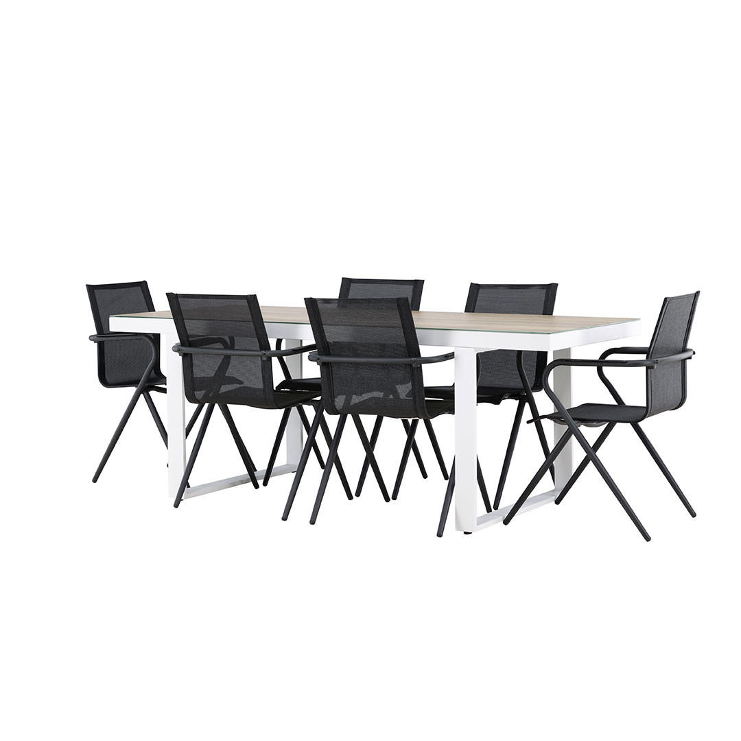 GARTENSET, Merlo, Tisch Weiß, Stühle Schwarz, Metall / Stoff, 90 x 200 x 75 cm, 7-teilig - Weiß, Metall - ebuy24