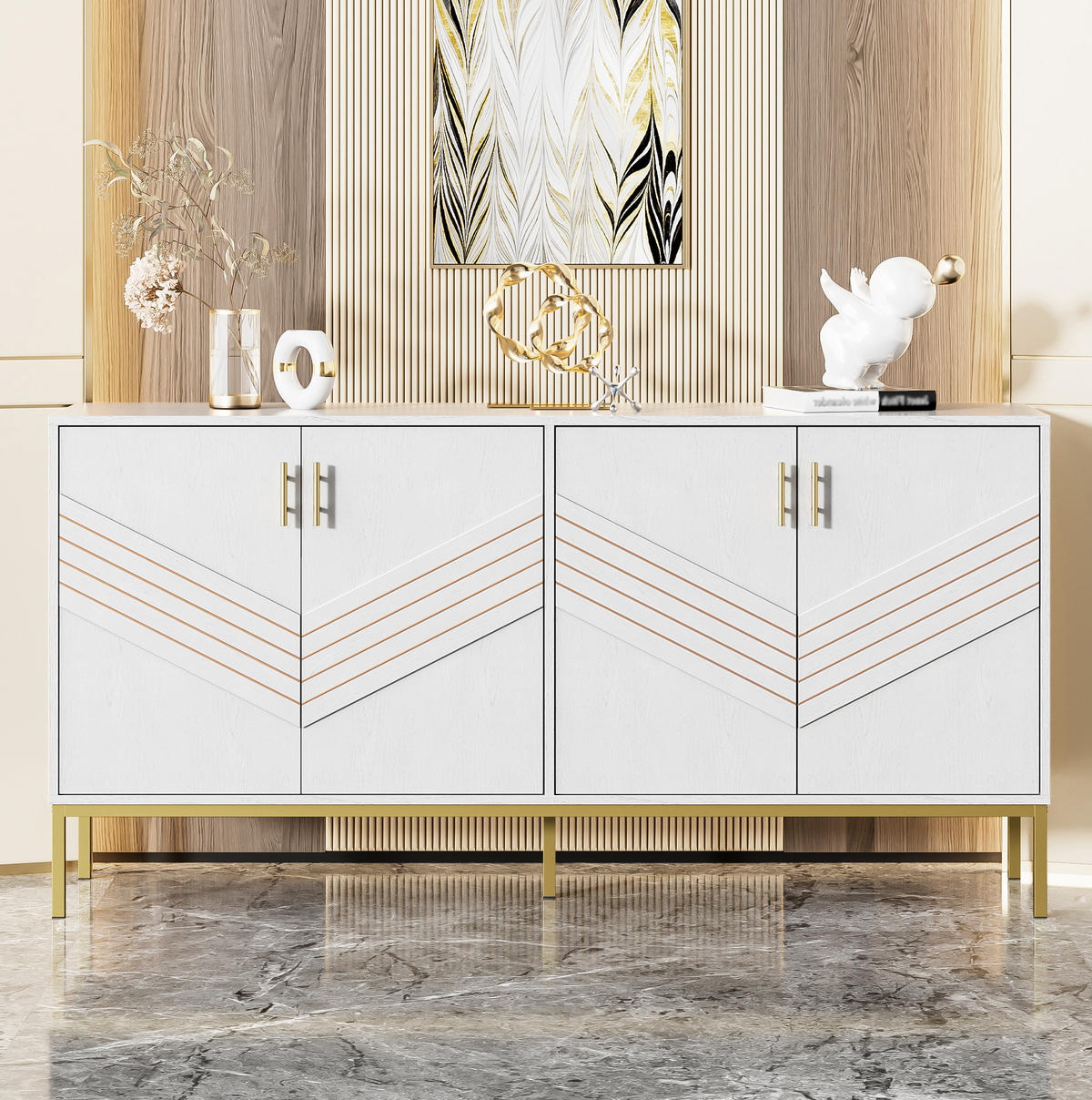 SIDEBOARD 160/40/80,5 cm Weiß/Holz aus MDF mit 4 Türen - Weiß, Holzwerkstoff (160/80.5/40cm) - OKWISH