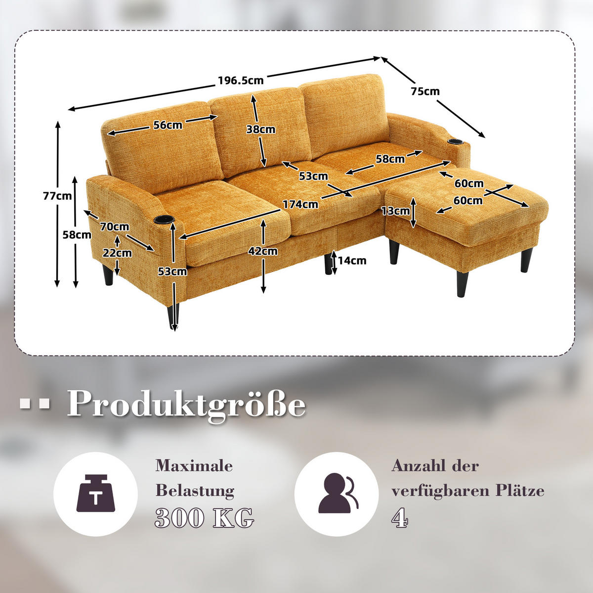 SOFA 4-Sitzer mit Hocker 196,5 x 75 x 77 cm Chenille Gelb - Gelb, Kunststoff (196.5/77/76cm) - Meubliv