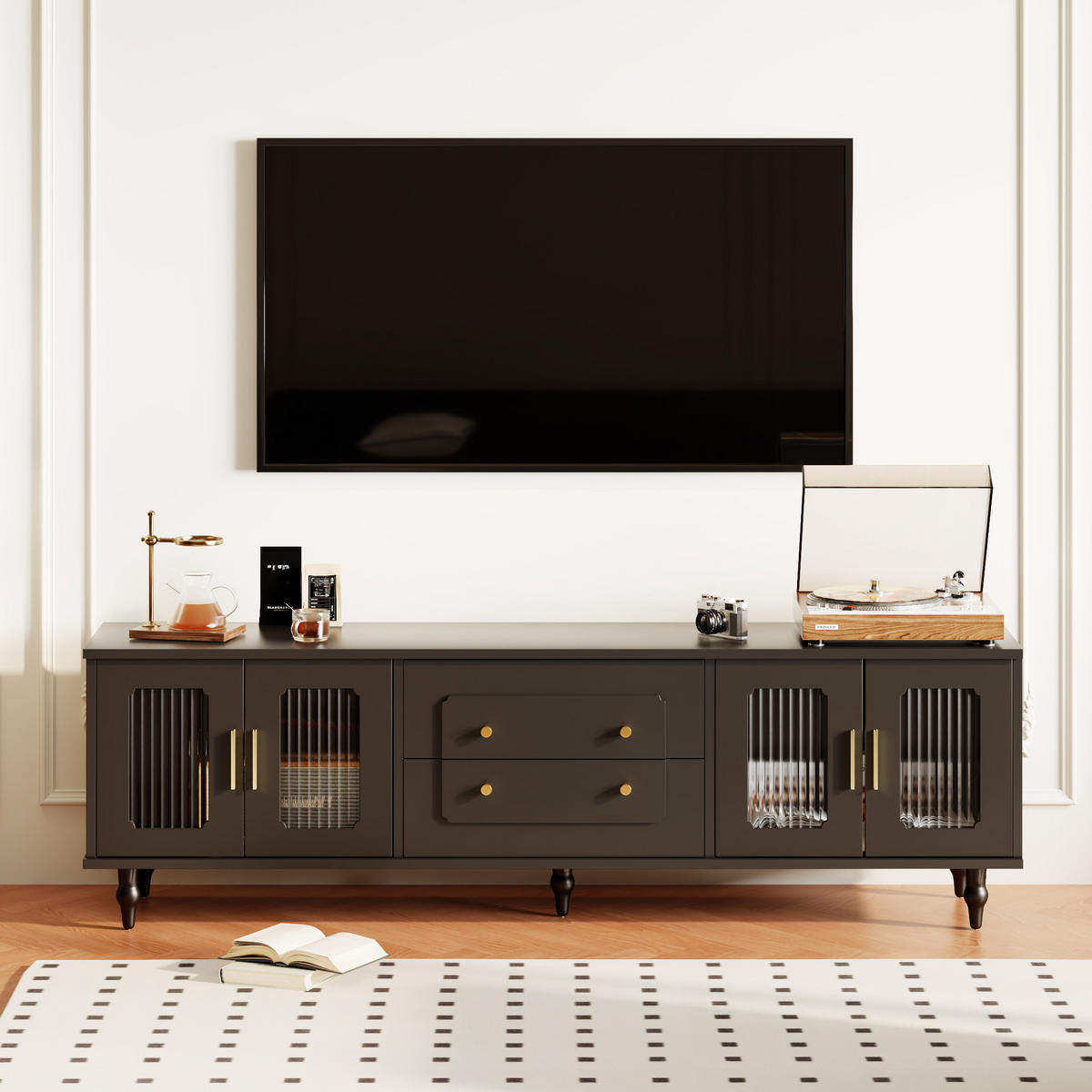 TV-LOWBOARD Retro Glas Tür Holzbeine - Schwarz, Holzwerkstoff (175/55.5/38cm) - LEBENLANG