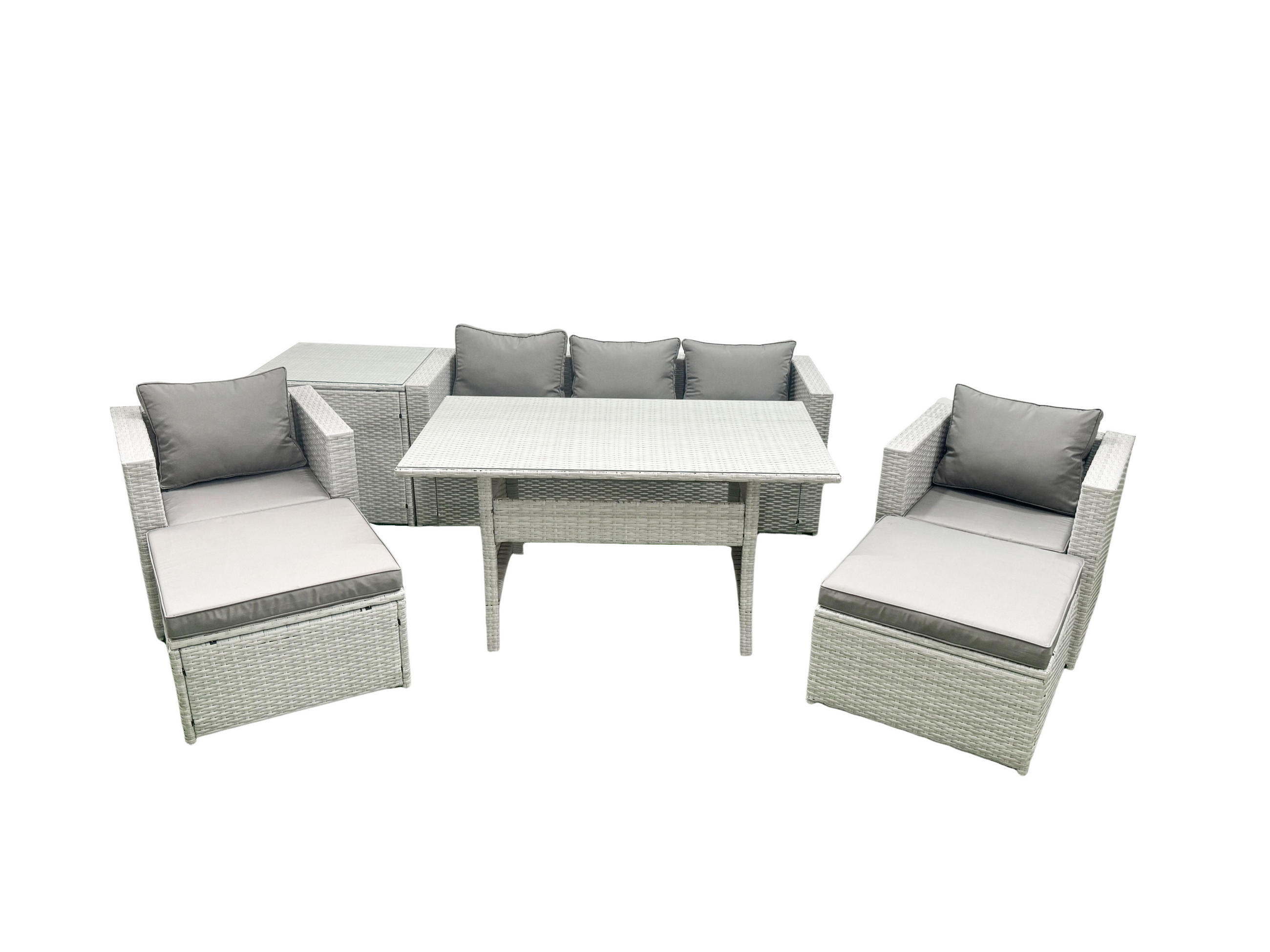 GARTENMÖBEL SET mit Sofa,2 Großer Hockern,Beistelltisch Polyrattan Hellgrau 7-Sitzer - Hellgrau/Grau, Glas/Kunststoff - Fimous