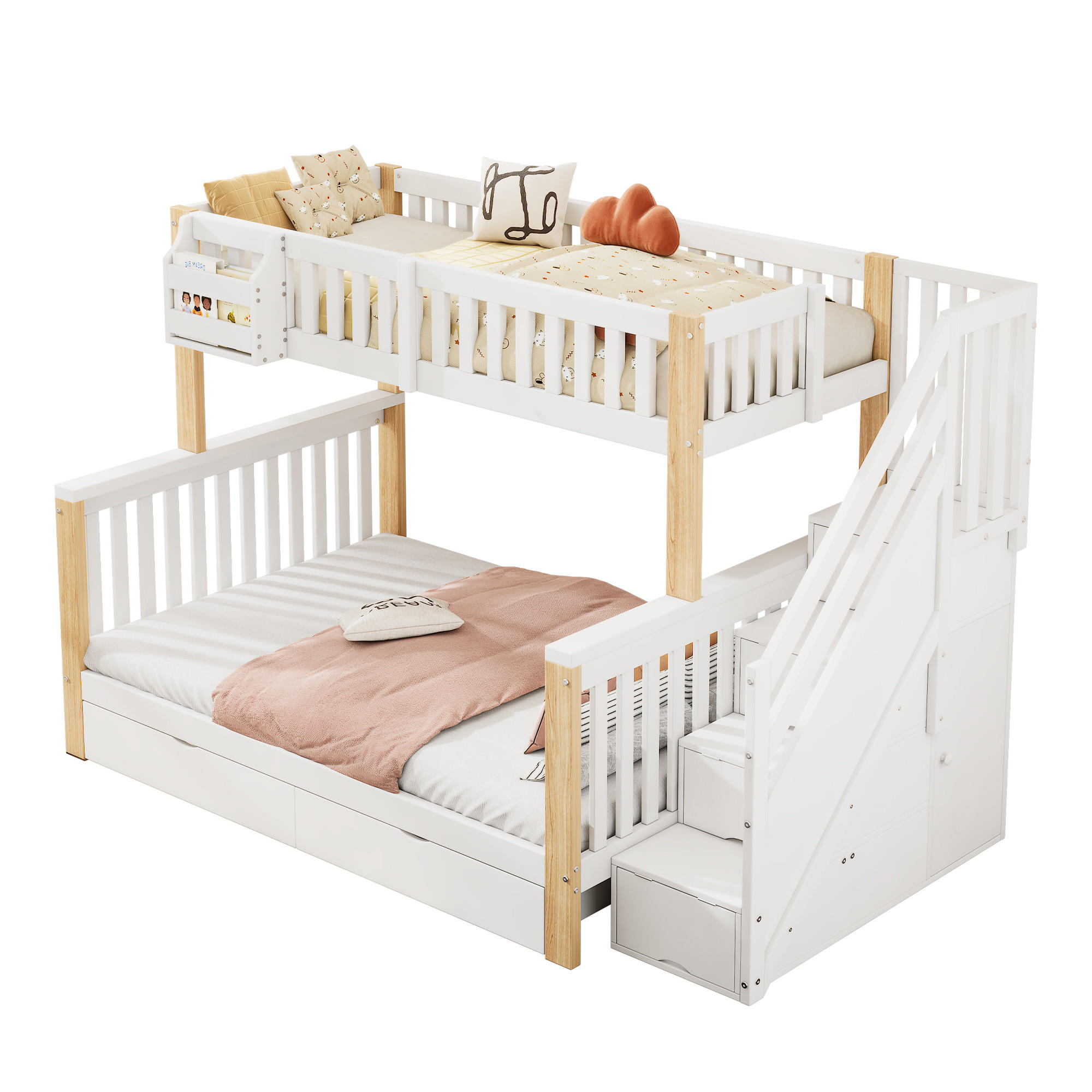 KINDERETAGENBETT Doppelbett Schublade Ablagekorb Weiß Natur - Weiß, Holzwerkstoff (90/200cm) - FLIEKS