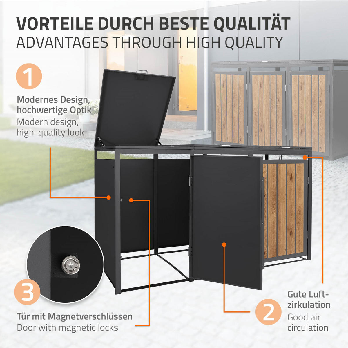 MÜLLTONNENBOX 3er 240L 196x80x120 cm Anthrazit-Eiche hell aus Stahl - Hellbraun, Metall (80/120/196cm) - ML-DESIGN