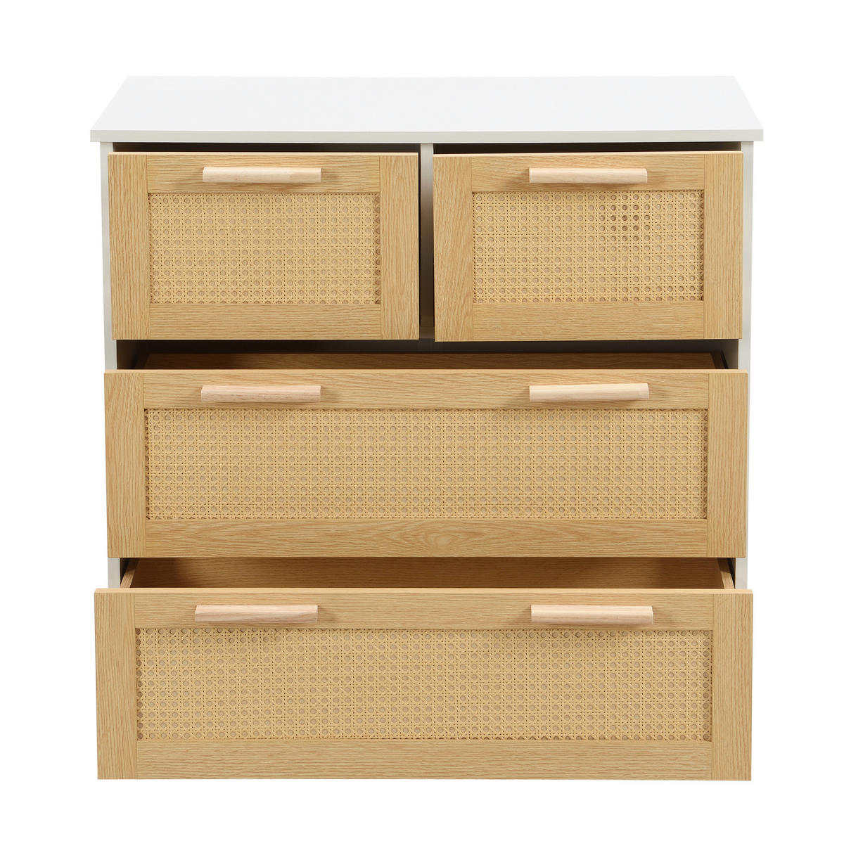 KOMMODE, 4 Schubladen, Rattan-Optik, 80x38x80 cm, NaturxWeiß - Weiß, Holzwerkstoff (38/80/80cm) - Modfu