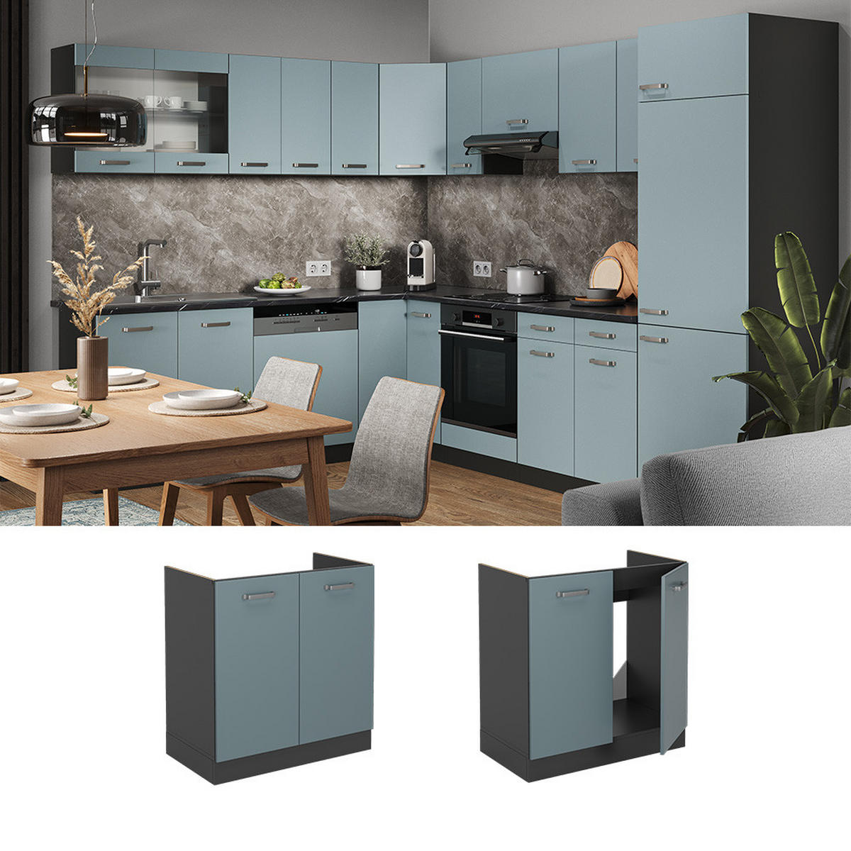 KÜCHENUNTERSCHRANK R-Line Blau-Grau 80 cm AP Marmor - Anthrazit/Blaugrau, Holzwerkstoff (80/81.6/60cm) - Vicco