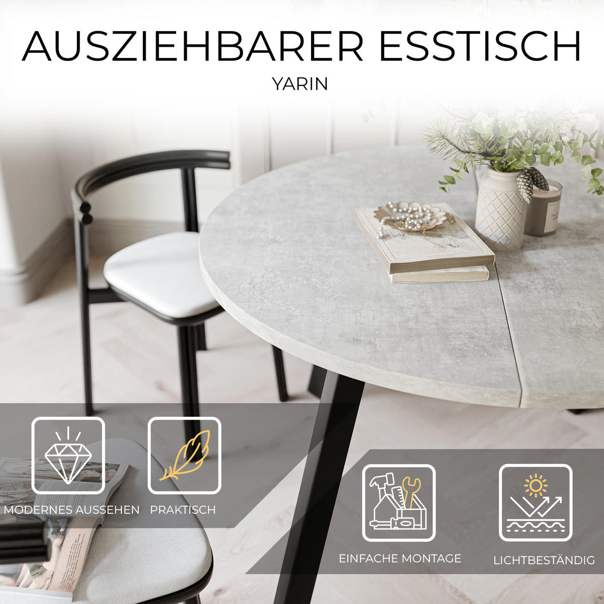 TISCH Schwarze Beine, MDF Tischplatte, Bellato Grau - Schwarz/Grau, Holzwerkstoff (100/100/76cm) - Idohome