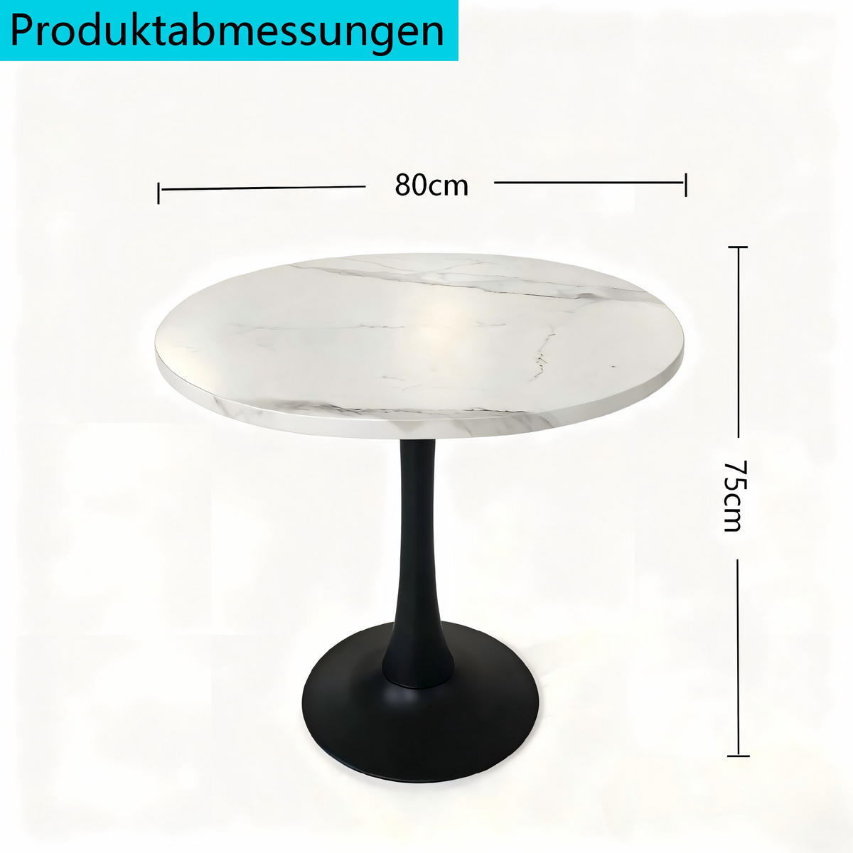 ESSTISCH in Weißer Marmor runder Küchentisch für 2-4 Personen, B80/T80/H75 cm - Schwarz/Weiß, Holzwerkstoff/Metall (80/80/75cm) - STILVORA