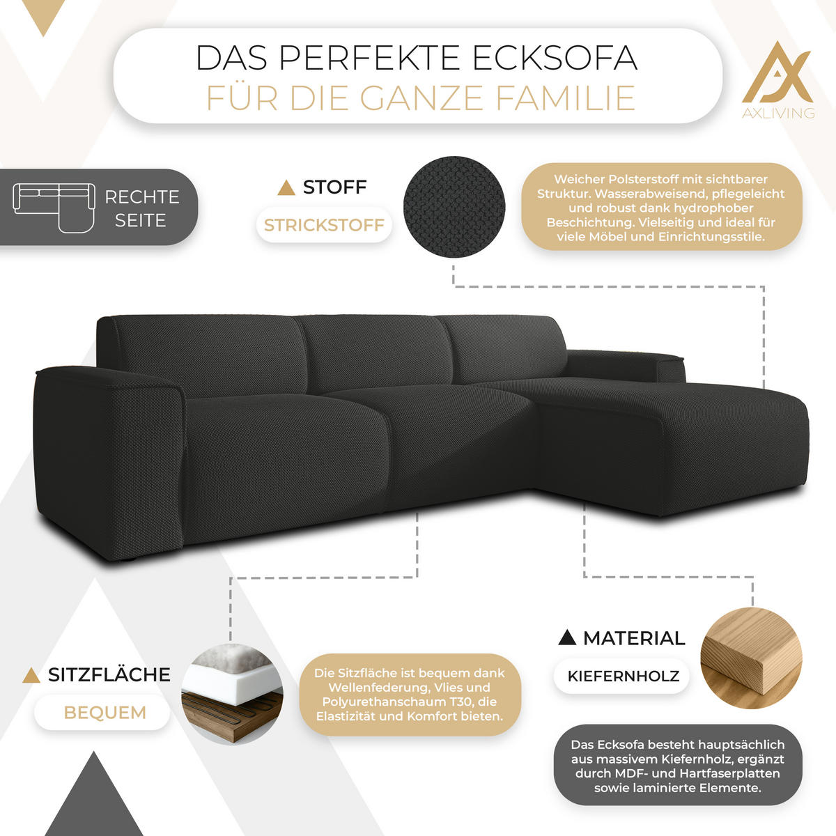 ECKSOFA L Form Didim mini Grau 310/165/78 cm – stilvolle kleine Eckcouch R - Schwarz/Grau, Kunststoff/Textil (310/165cm) - AX Living