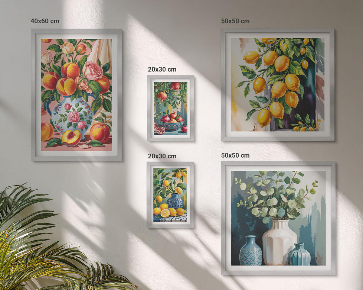 WANDBILDER 5er Set - 50x50 cm & 20x30 cm & 40x60 cm Silberner Rahmen - Amalfi-Zitronen und -Orangen - Silberfarben, Kunststoff (40/60cm) - ArtPrintCave