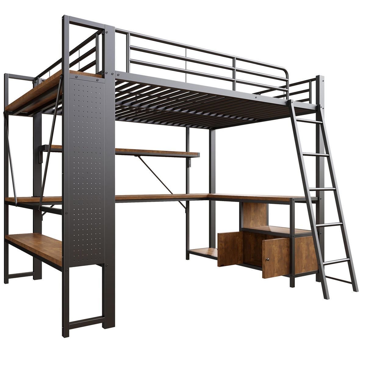 HOCHBETT 140/200 cm aus Metall mit LED-Lichtleiste und Schreibtisch Schwarz - Schwarz, Metall (140/200cm) - Modenvie