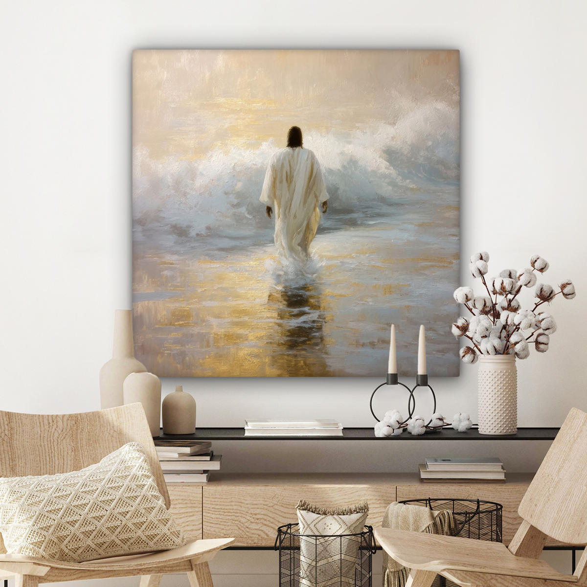 LEINWANDBILD Gemälde - Welle - Jesus - Abstrakt Deko Groß 90x90 cm - Goldfarben, Textil (90/90cm) - MuchoWow