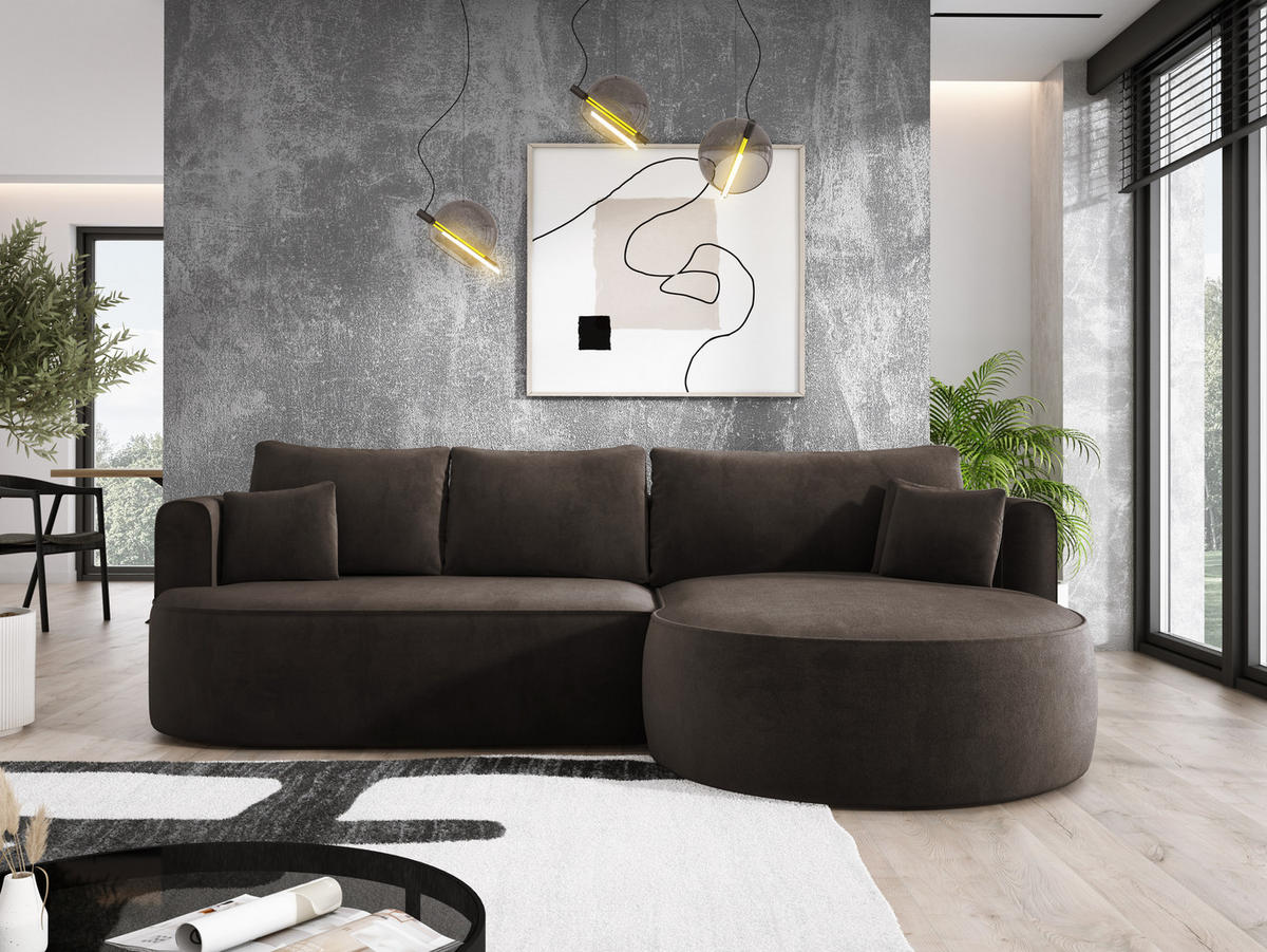 ECKSOFA FIORE L-förm Moderne Ausziehbare Schlaf-Funktion, automatischer Auffaltung, lose Rückenkissen freistehend RECHTS 284x183x82cm Brown - Braun, Holz/Textil (284/183cm) - DomoHome