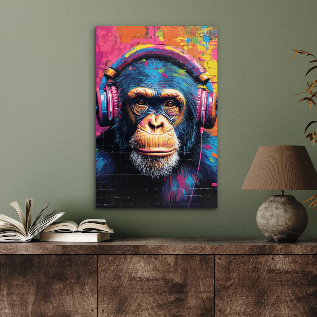 METALLBILD Graffiti - Schimpanse - Straßenkunst - Kopfhörer - Affe 40x60 cm - Blau, Metall (40/60cm) - MuchoWow