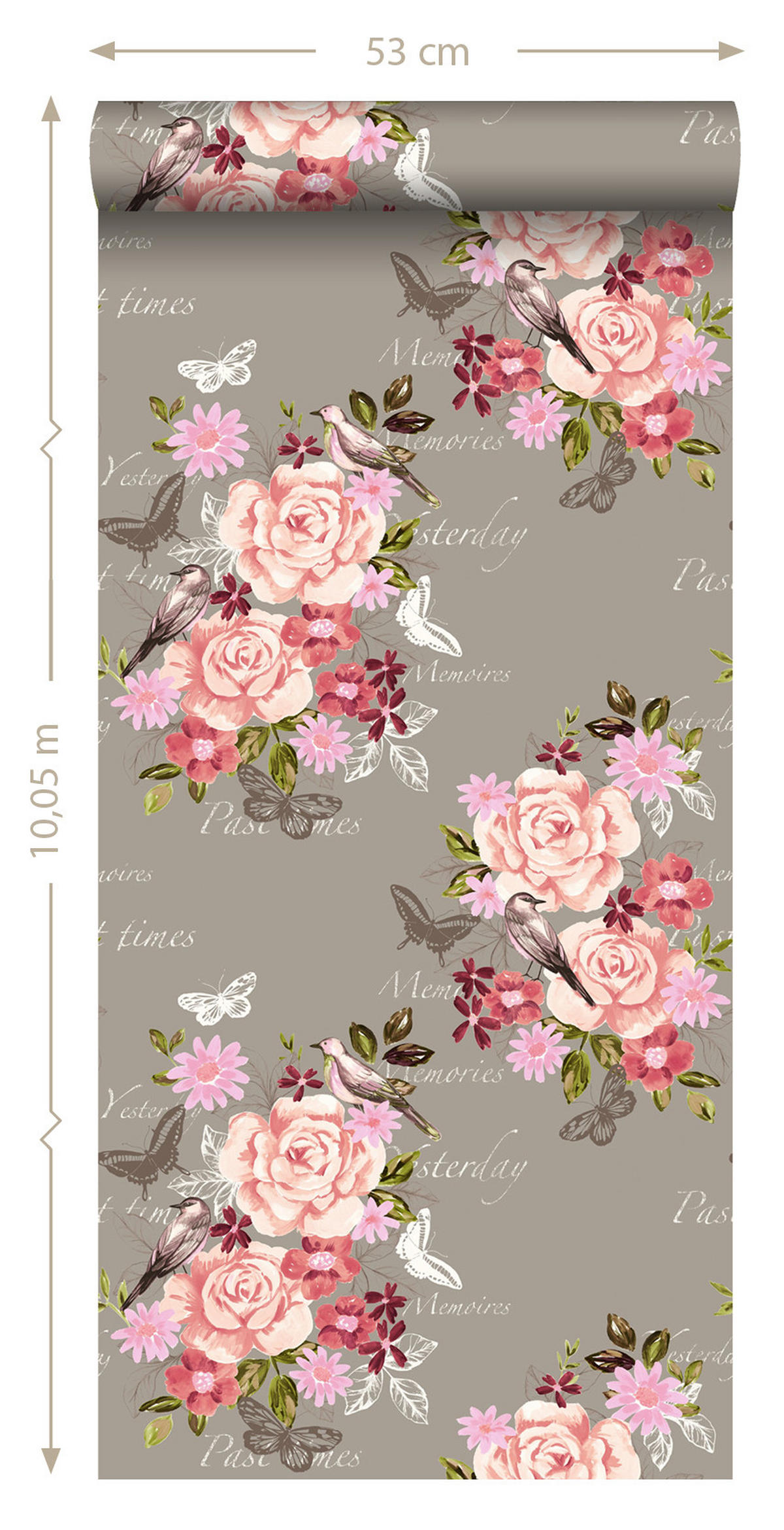 TAPETE Blumen und Vögel 53 cm x 10.05 m - Braun, Papier (53/1000cm) - ESTAhome
