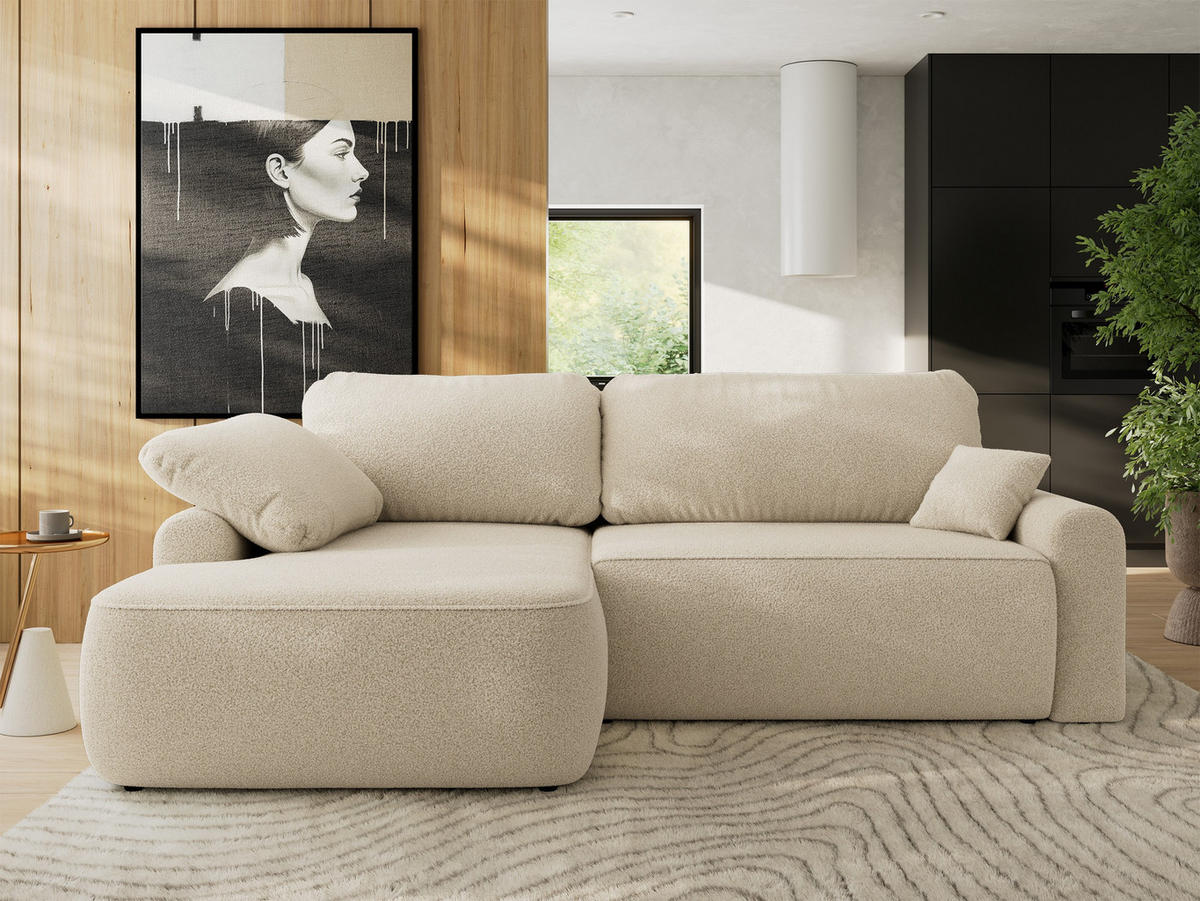 ECKSCHLAFSOFA CUBO L Beige Boucle - links - Beige/Schwarz, Kunststoff/Textil (273/187cm) - MKS