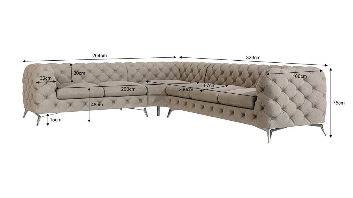 ECKSOFA Chesterfield Laura Dunkle Creme Samt - Silberfarben/Creme, Holz/Textil (323/264cm) - S-Style Möbel