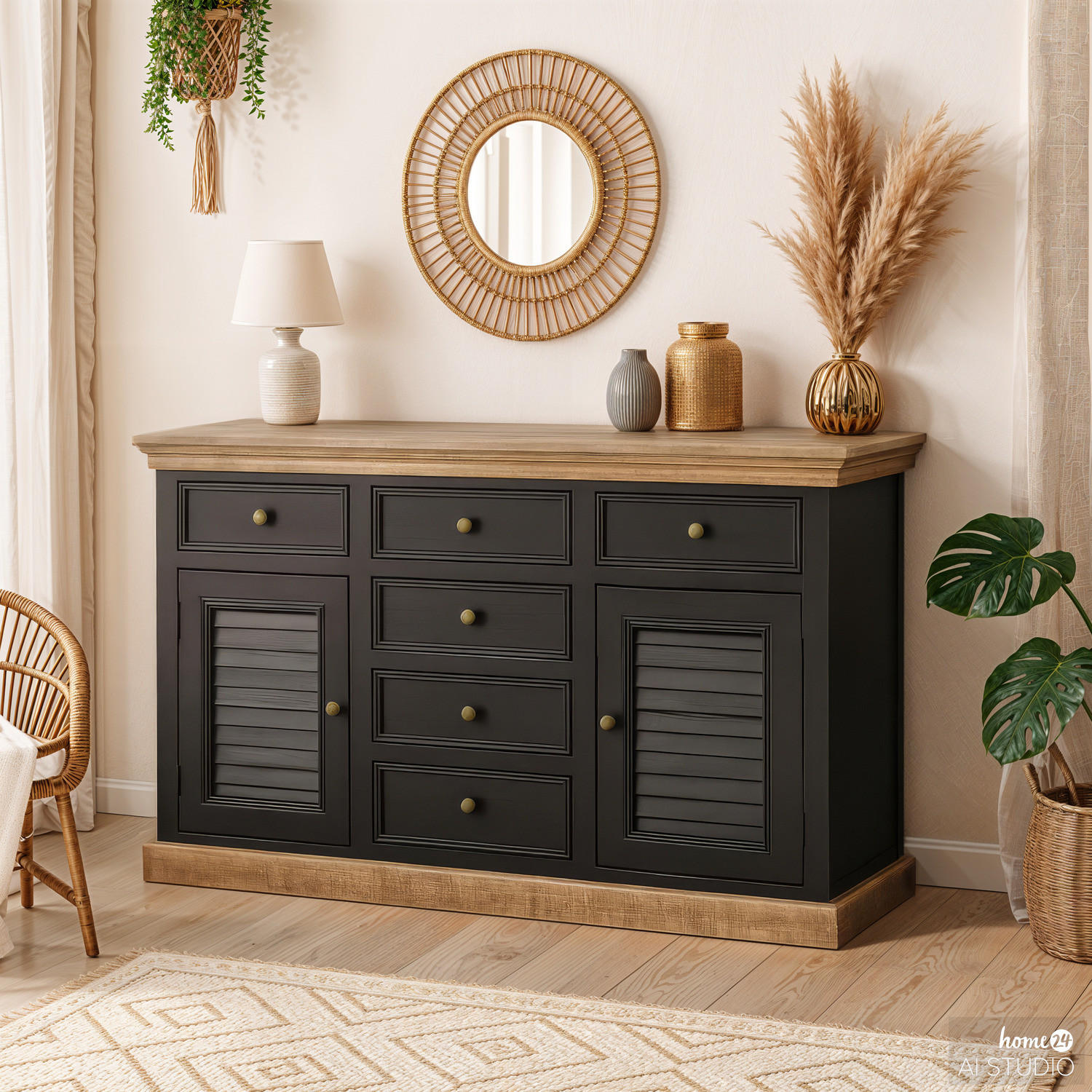 SIDEBOARD - Mango massiv - Schwarz, Holz (140/90/50cm) - home24