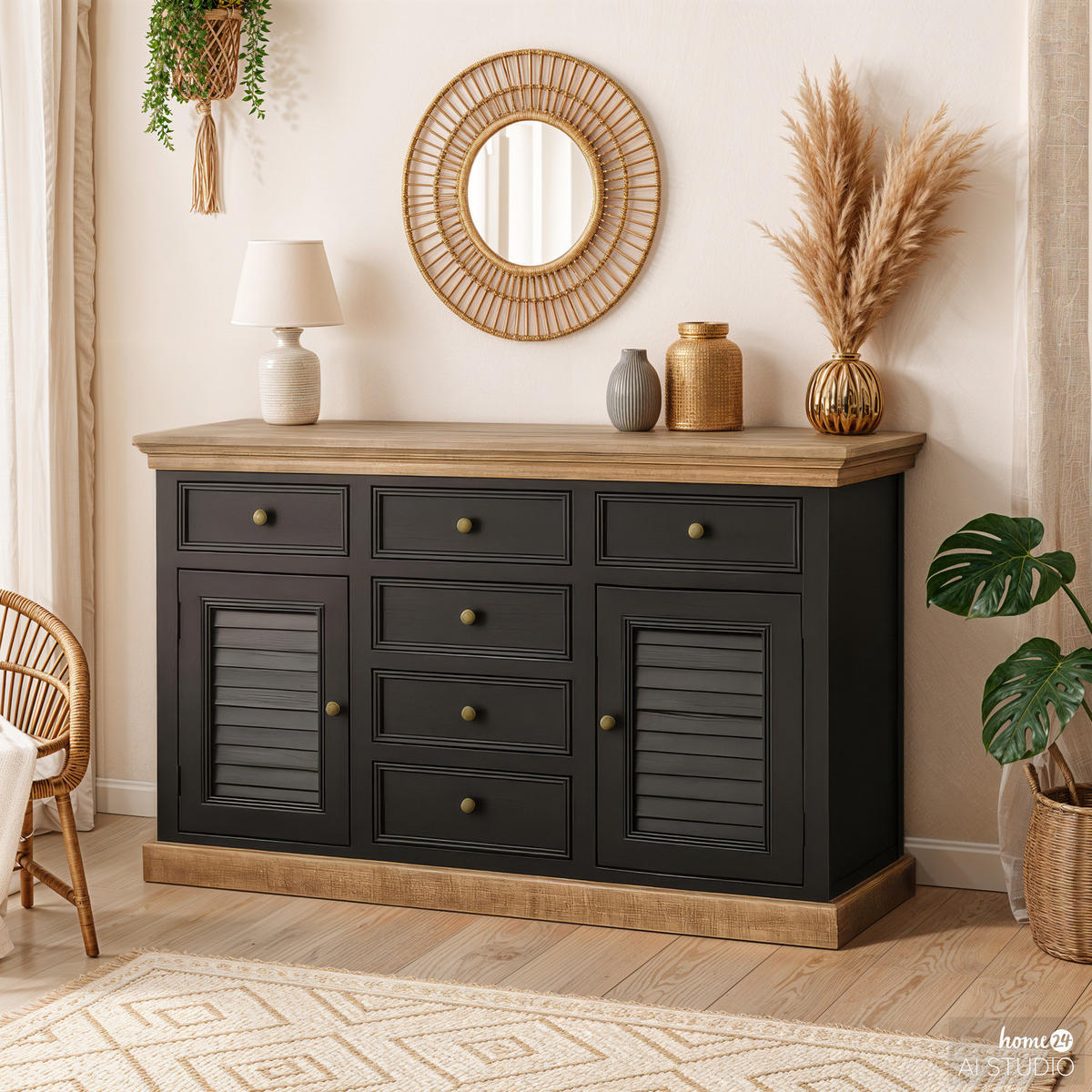 SIDEBOARD - Mango massiv - Schwarz, Holz (140/90/50cm) - home24