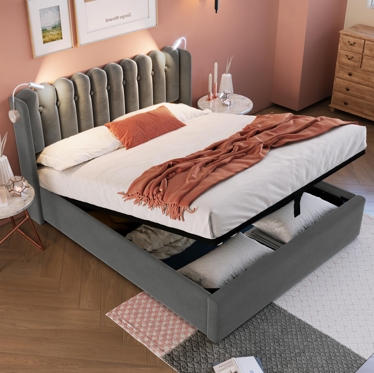 POLSTERBETT aus Samt 160x200 cm Grau mit Bettkasten, Leselicht, USB-Anschluss und Matratze - Grau, Textil (160/200cm) - IVMEU