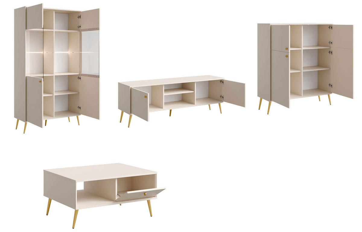 WOHNZIMMER SET 4-TEILIG Rose sandbeige 366,5 / 66 / 191cm - Beige/Goldfarben, Holzwerkstoff/Metall (367/191/41cm) - Feldmann-Wohnen