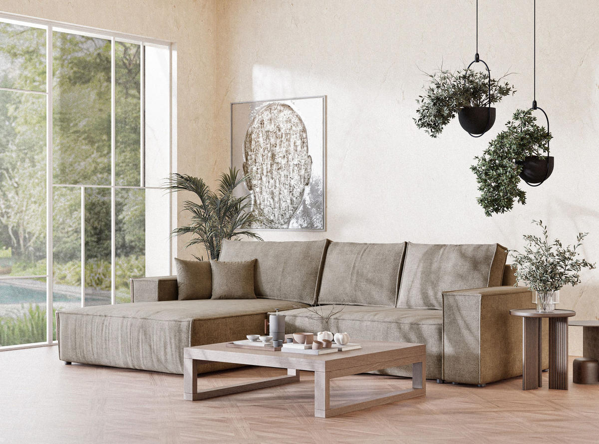 ECKSOFA Maze Braun Chenille-Stoff - Links Seite - Schwarz/Braun, Holz/Holzwerkstoff (185/294cm) - Maison de Reve