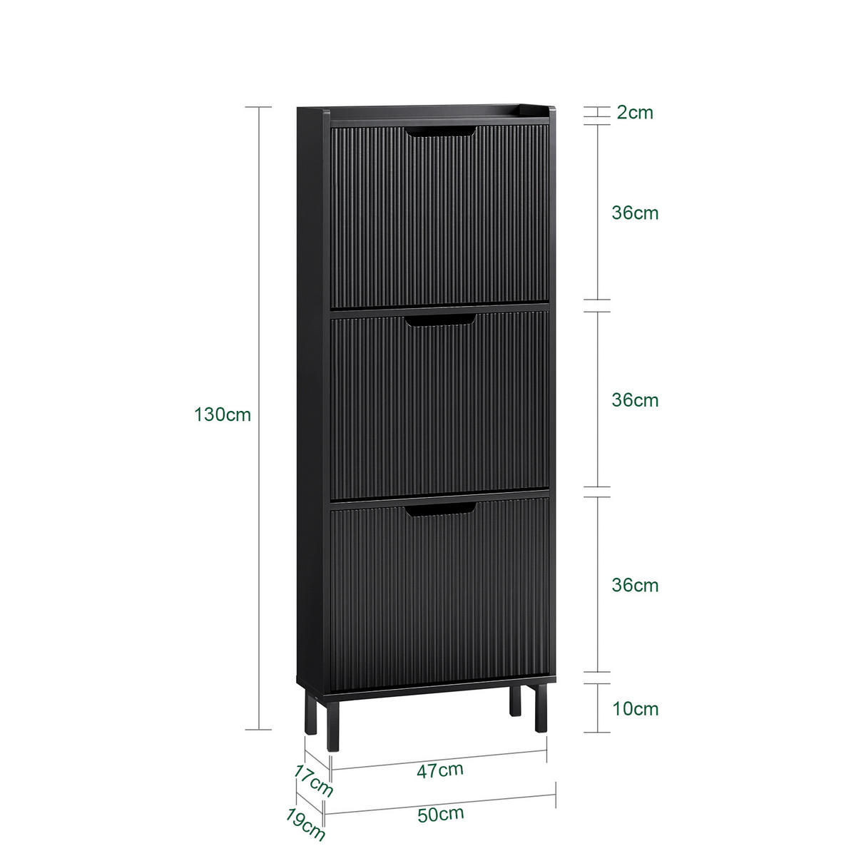 SCHUHSCHRANK mit 3 Klappen schmal 50x130x19cm Schwarz - Schwarz, Holzwerkstoff/Metall (50/130/19cm) - SoBuy