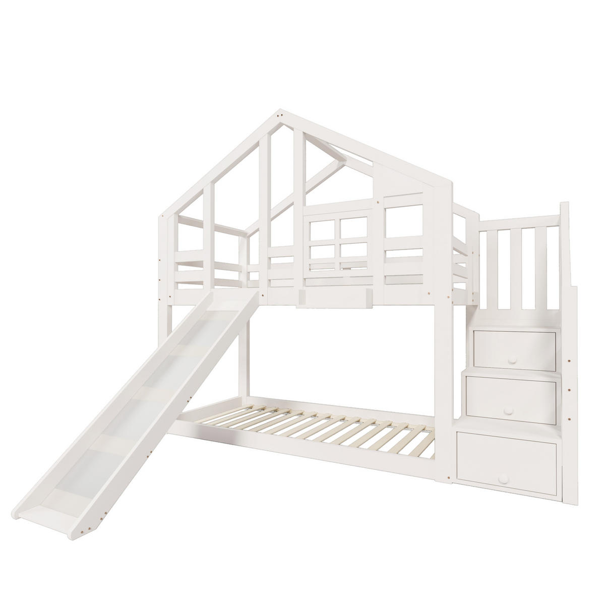 ETAGENBETT Baumhaus 90 x 200 cm Weiß mit Rutsche und Stauraum - Weiß, Holz (90/200cm) - MIVRAY