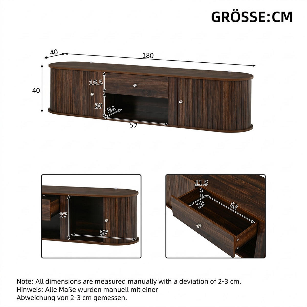TV-SCHRANK 180/40/40 cm Walnuss mit 1 Schublade und 2 Rolltüren - Nussbaumfarben, Holzwerkstoff (180/40/40cm) - Oxeza