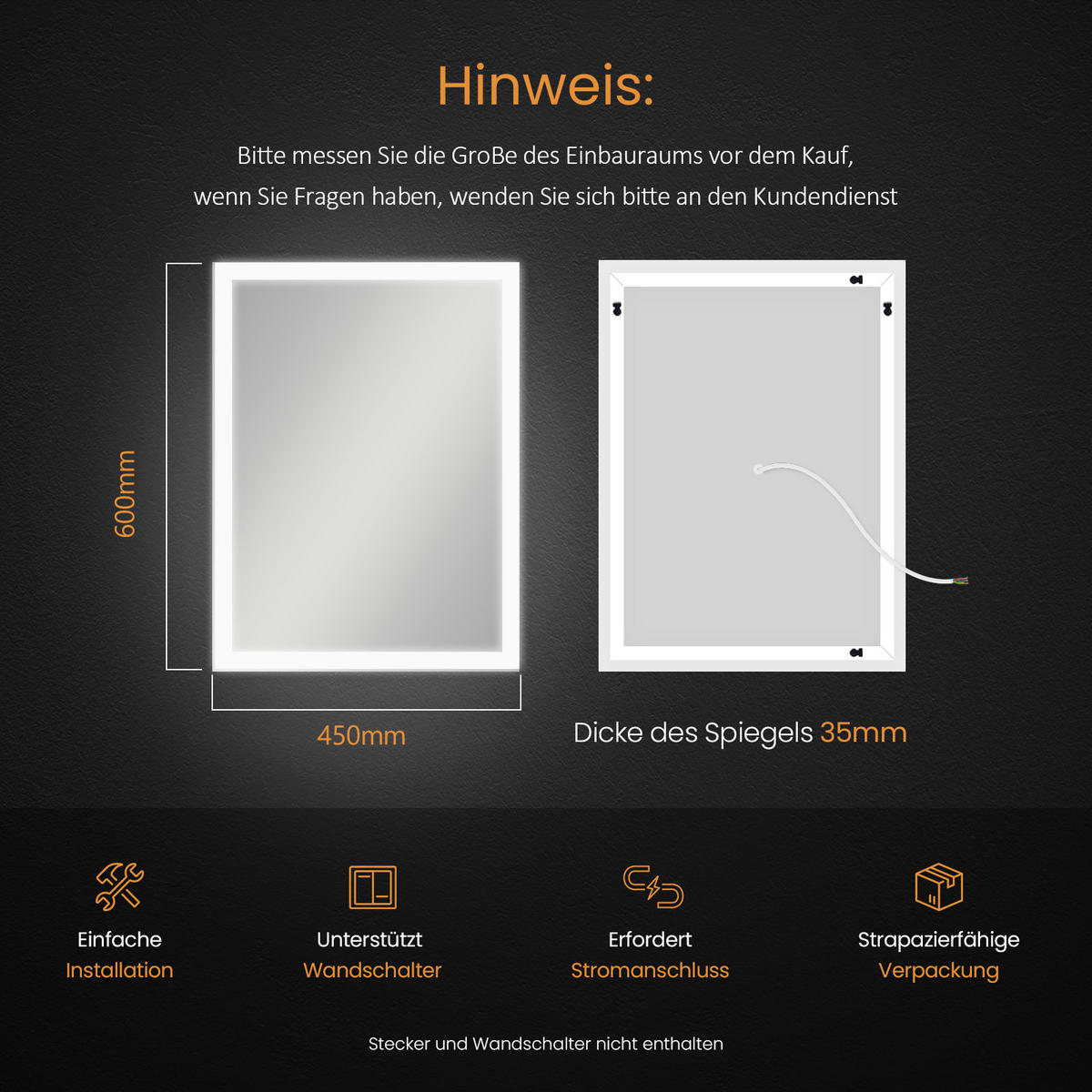 BADSPIEGEL mit Beleuchtung 60/45/3,5 cm - Weiß, Glas (45/3.5/60cm) - EMKE