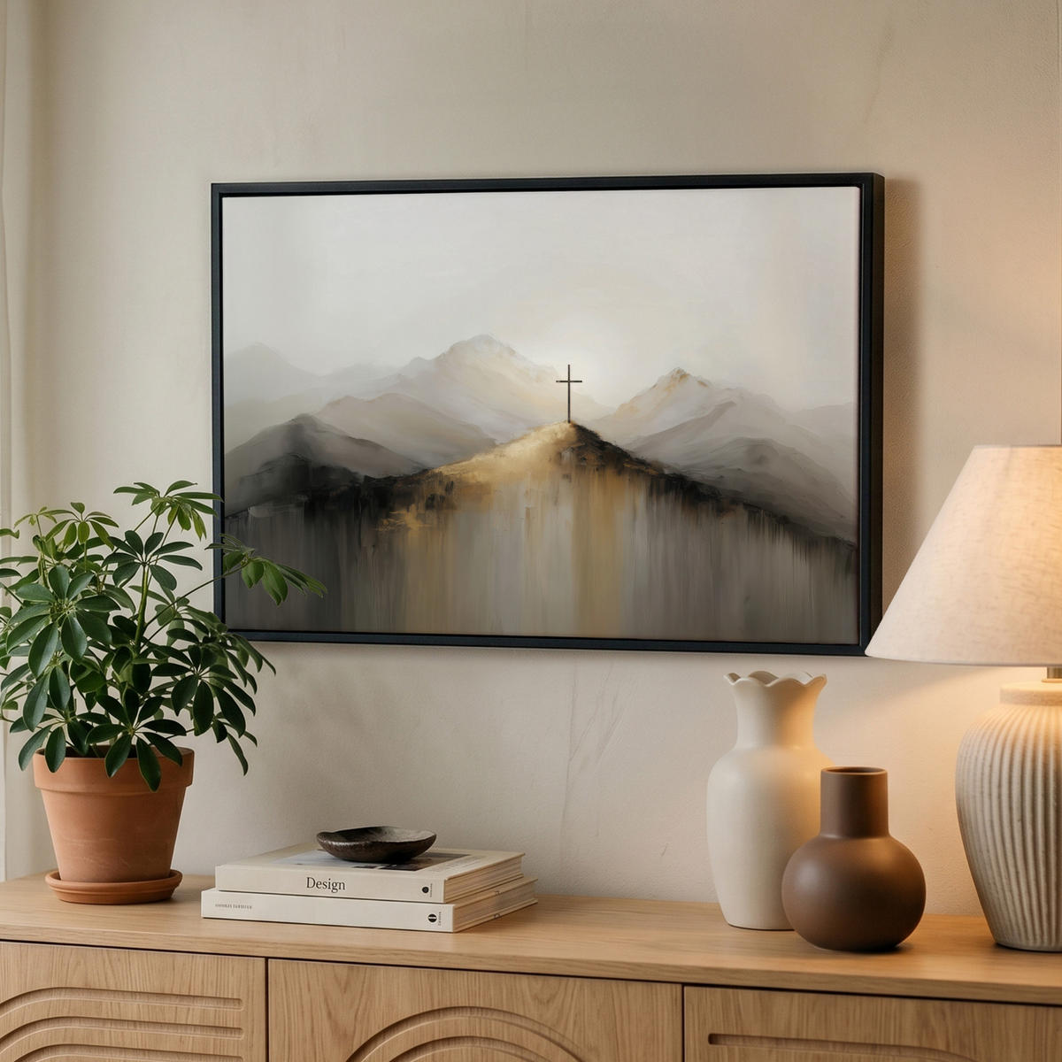 LEINWAND Bilder mit Rahmen - Hügel - Abstrakt - Kreuz - Christentum - 60x40 - Beige, Textil (60/40cm) - MuchoWow