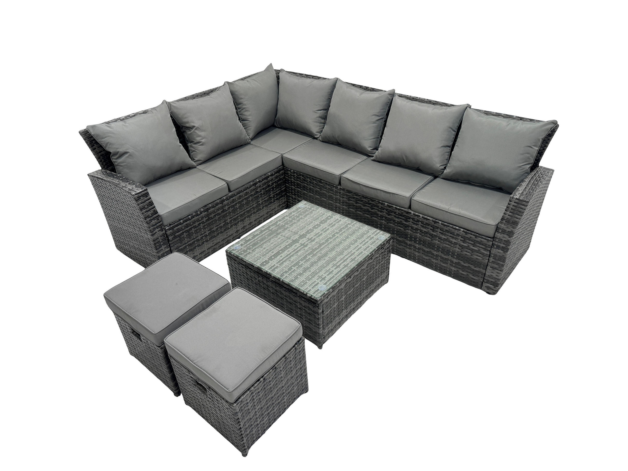 GARTEN-ECKSOFAGARNITUR mit Couchtisch Polyrattan Dunkelgrau 8-Sitzer - Dunkelgrau/Grau, Glas/Kunststoff - Fimous