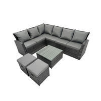 GARTEN-ECKSOFAGARNITUR mit Couchtisch Polyrattan Dunkelgrau 8-Sitzer - Dunkelgrau/Grau, Glas/Kunststoff - Fimous