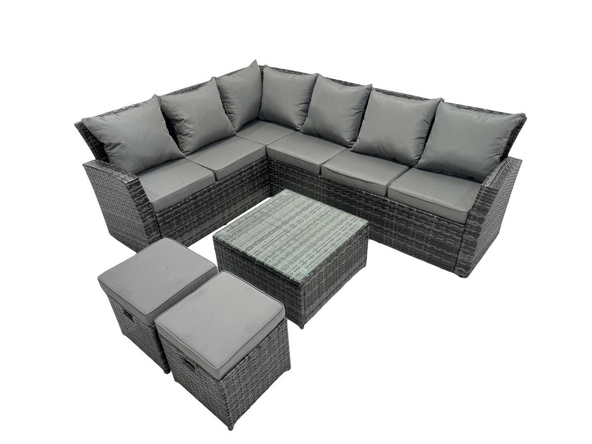 GARTEN-ECKSOFAGARNITUR mit Couchtisch Polyrattan Dunkelgrau 8-Sitzer - Dunkelgrau/Grau, Glas/Kunststoff - Fimous