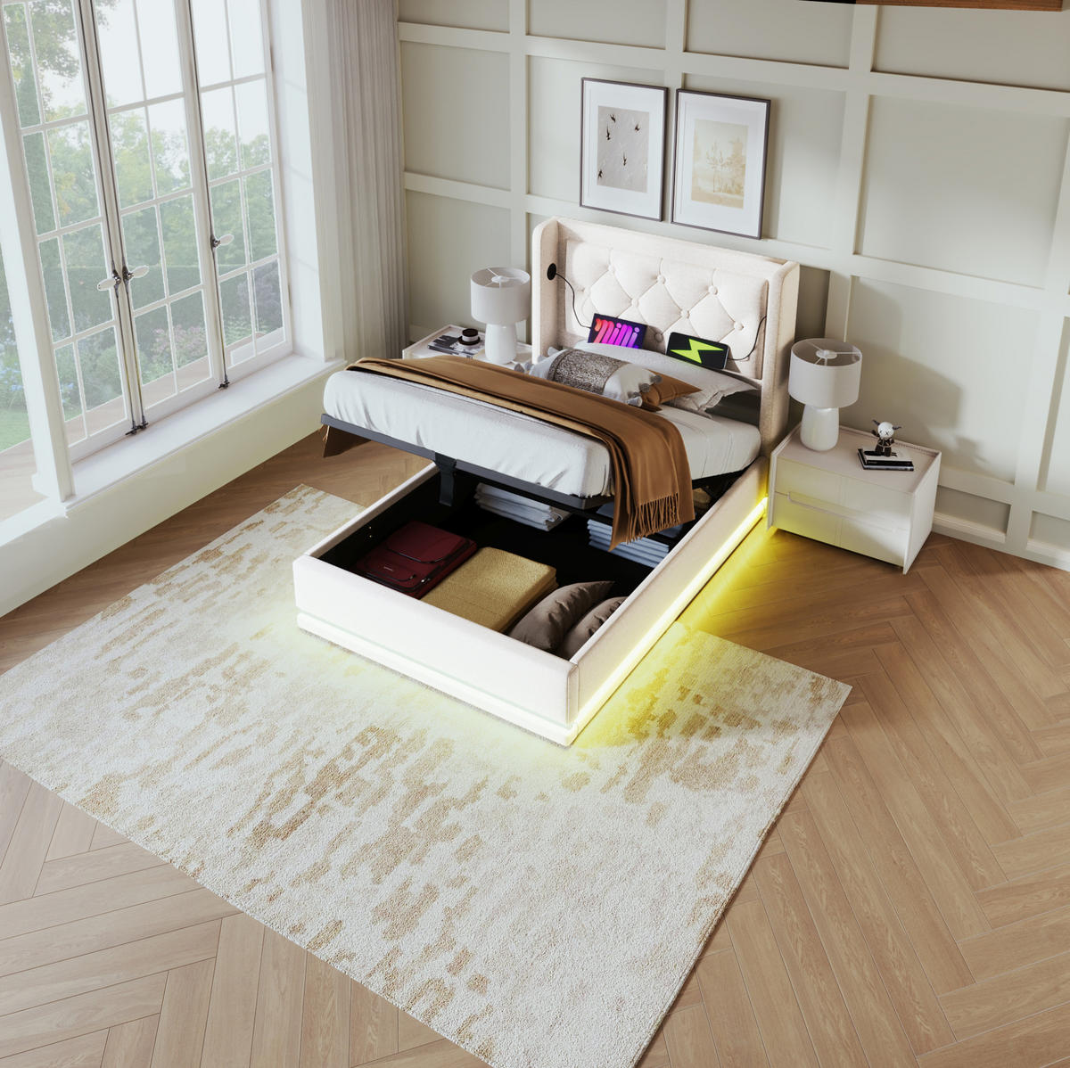 POLSTERBETT 90/200 cm mit USB, Typ-C, Matratze, 3-seitiger LED und hydraulischem Stauraum, Beige - Beige, Textil (90/200cm) - Redom