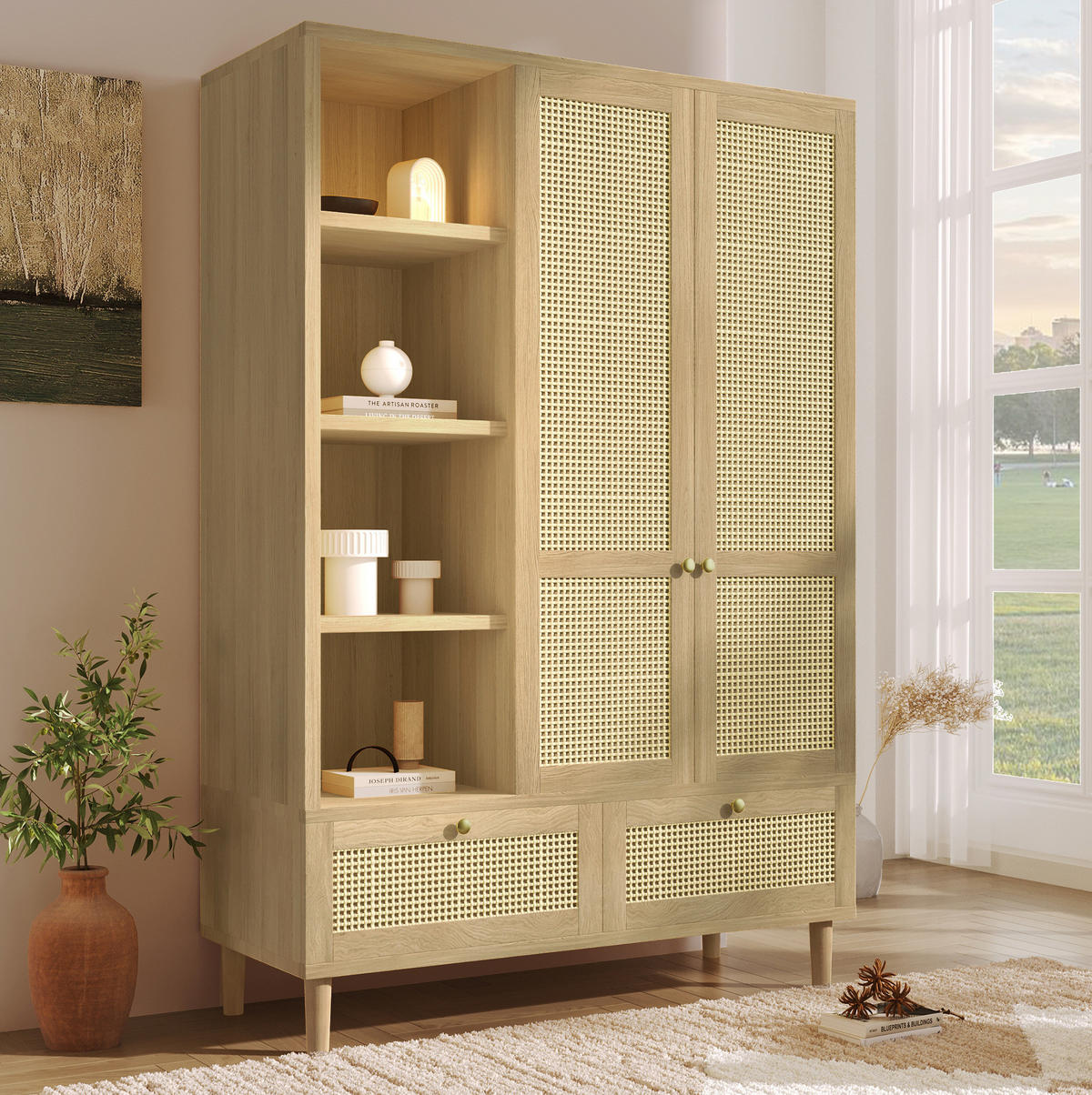 KLEIDERSCHRANK aus Holz 50x120x180 cm Eiche mit Rattanfronten, Kleiderstange, offenen Fächern und 2 Schubladen - Nussbaumfarben, Holzwerkstoff (120/180/50cm) - Modfu