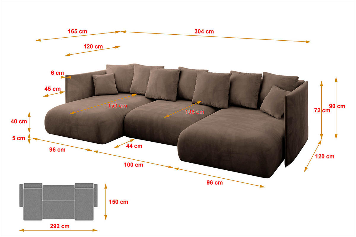 WOHNLANDSCHAFT mit Schlaffunktion und Bettkasten ONESK-U 304x165x40 Braun Velours - Braun, Holzwerkstoff/Kunststoff (304/90/165cm) - ALTDECOR