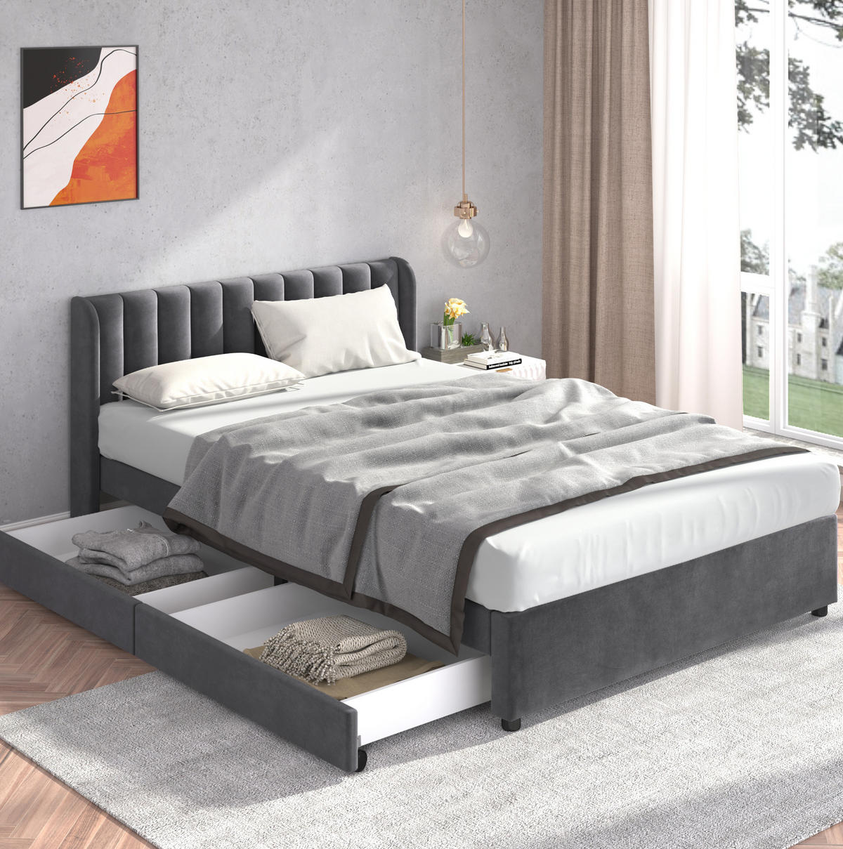 POLSTERBETT aus Samt 160x200 cm in Grau mit Lattenrost & 2 Schubladen - Grau, Textil (160/200cm) - Modfu