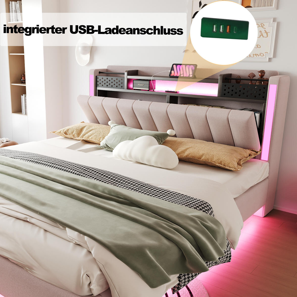 POLSTERBETT 160/200 cm in Beige Leinen mit LED, USB und Stauraum - Beige, Holzwerkstoff/Textil (160/200cm) - WISHDOR