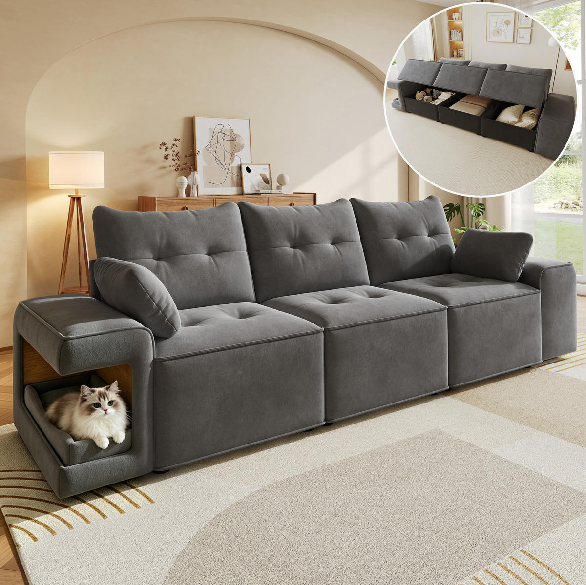 3-SITZER-SOFA 229,5/78/84 cm mit Stauraum, Haustiernischen und breiten Armlehnen, Samt, Grau - Grau, Textil (229.5/84/78cm) - Redom