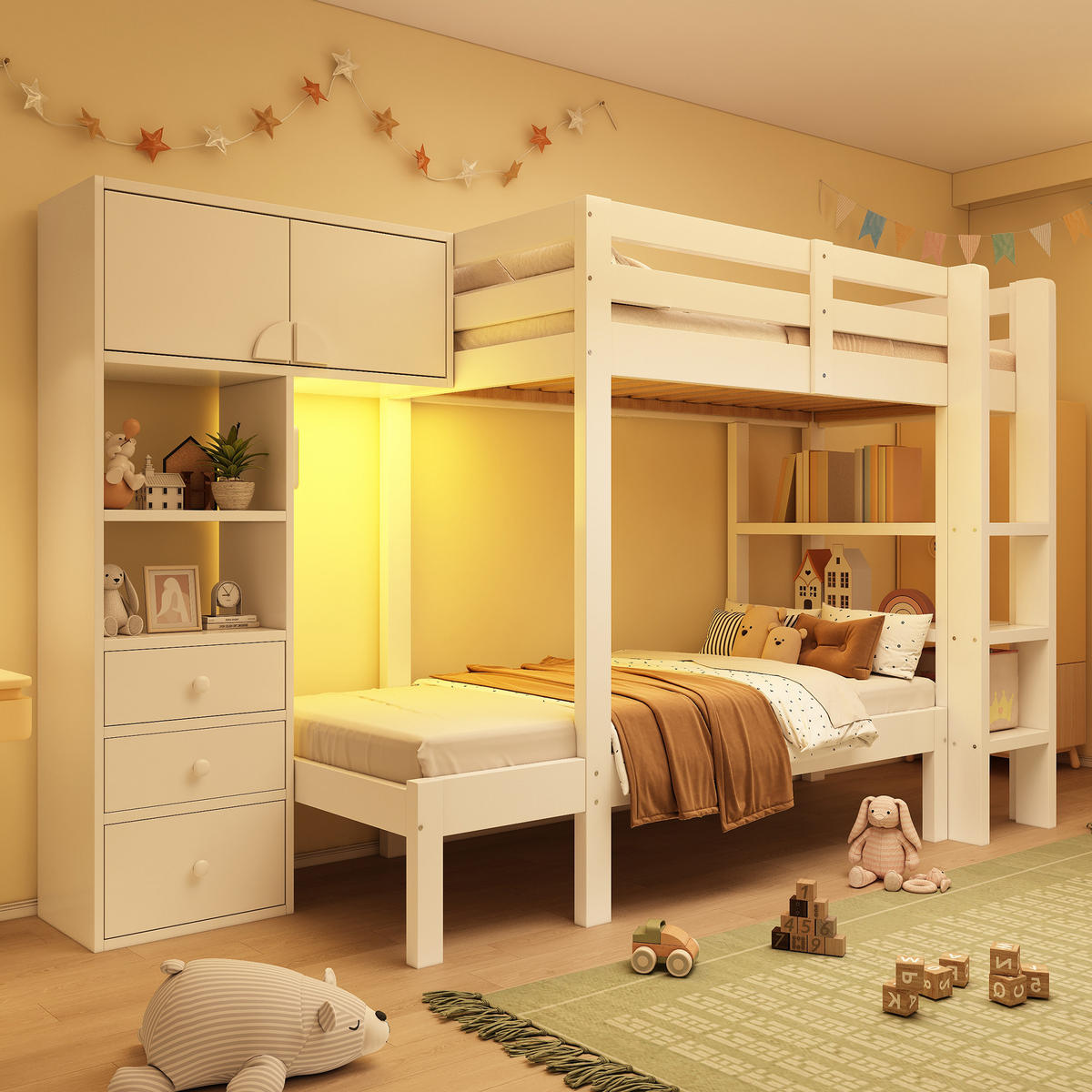 ETAGENBETT 90/200 cm Weiß mit Nachtlicht versetztem Design und Stauraum - Weiß, Metall (90/200cm) - OKWISH