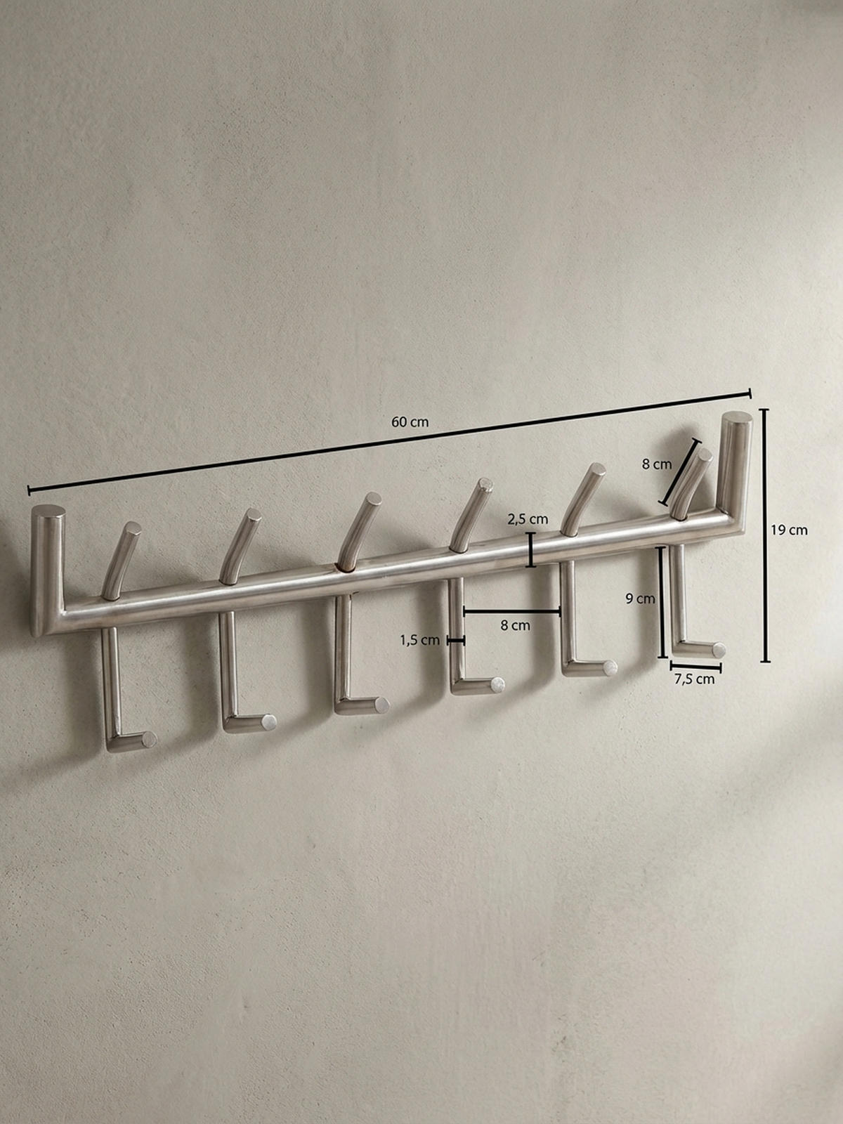 WANDGARDEROBE Metall Silber Modern 60x19x10 cm mit 12 Haken - Silberfarben, Metall (60/19/10cm) - KADIMA DESIGN