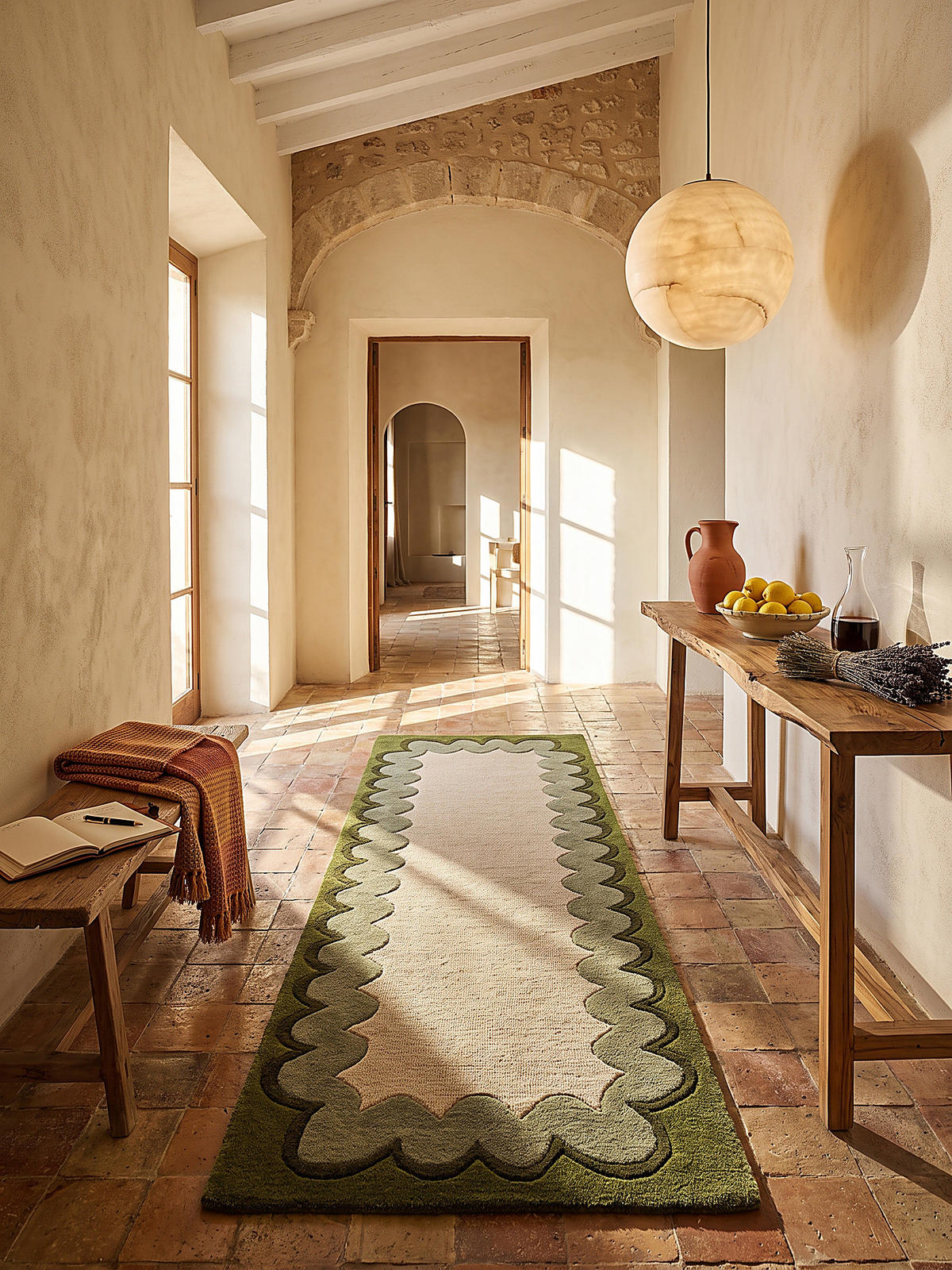 LÄUFER handgetuftet WAVENEY, in Olivgrün, Zickzack-Wellenbordüre, 80 x 230 cm - Grün, Textil (80/230cm) - KADIMA DESIGN