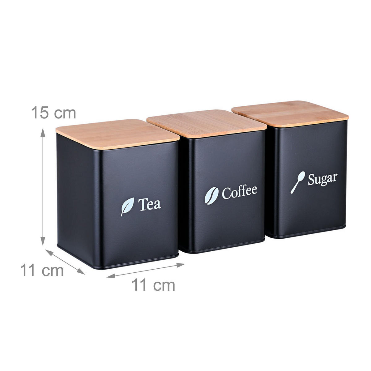 3XDÓZY na potraviny - černá, kov/dřevo - Relaxdays