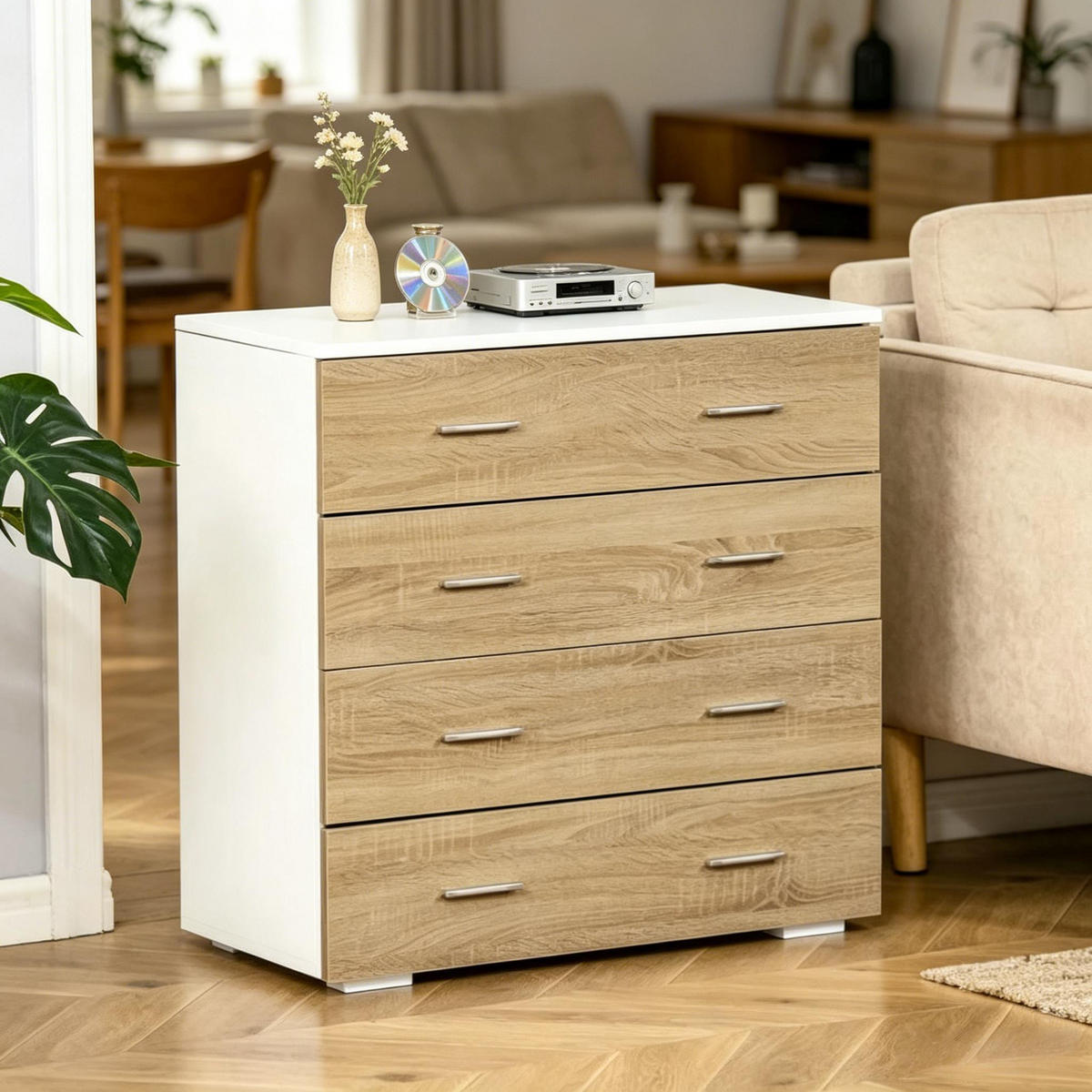 KOMMODE DE-38081 76/35/72 cm mit 4 Schubladen Weiß/Helles Holz - Eichefarben, Holzwerkstoff (76/72/35cm) - ComfortXL