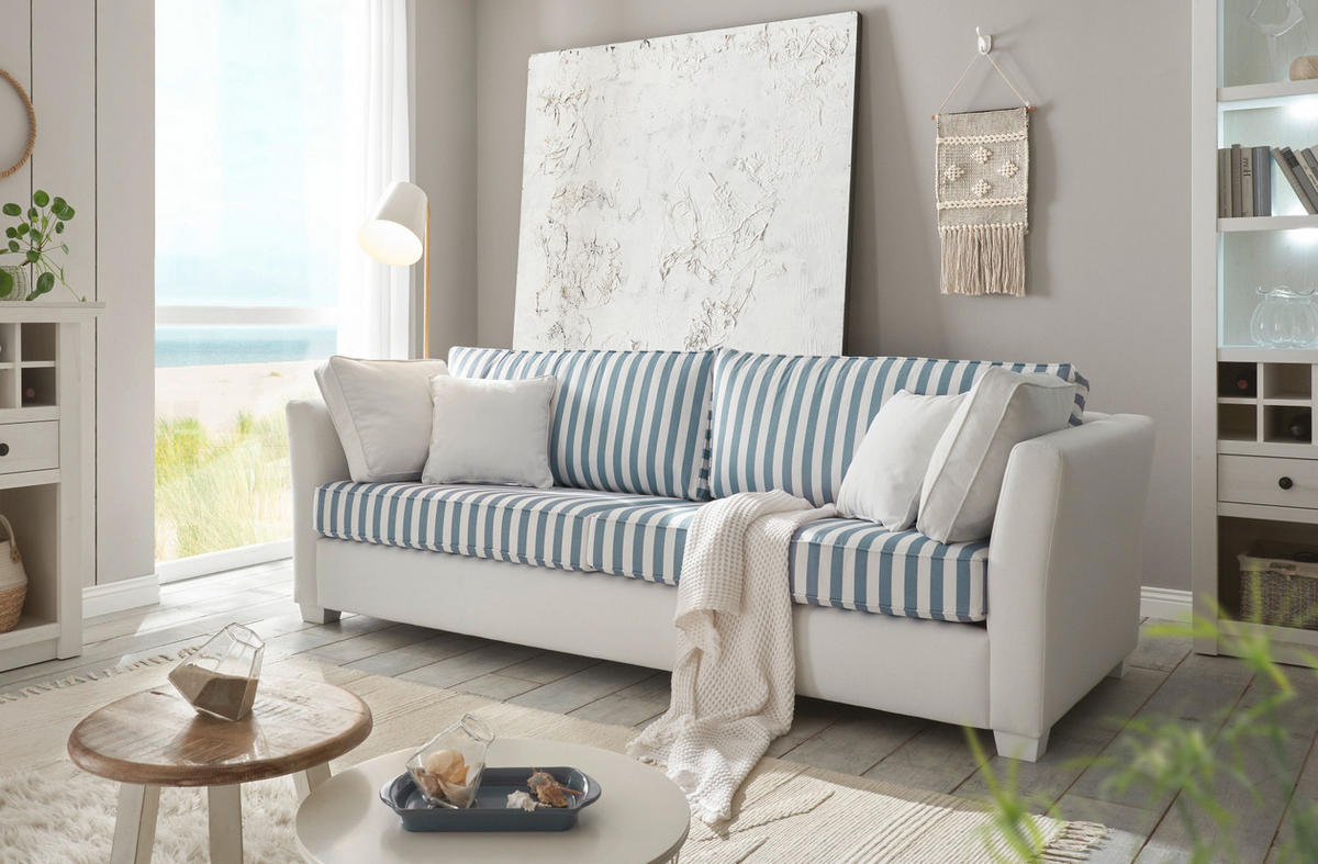SOFA 3-Sitzer creme blau gestreift, Landhaus 240 cm, Couch inklusive Kissen - Blau/Creme, Holz/Textil (240/88/96cm) - Furn.Design