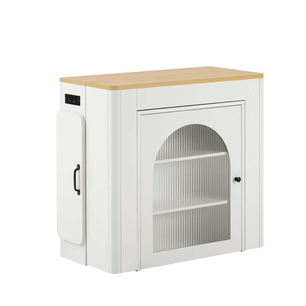 KÜCHENINSEL Mobile & Ausziehbarer Esstisch (4-in-1) mit LED, Steckdose & Stauraum - Weiß, Glas/Holzwerkstoff (83/77/39.6cm) - Urban Meuble