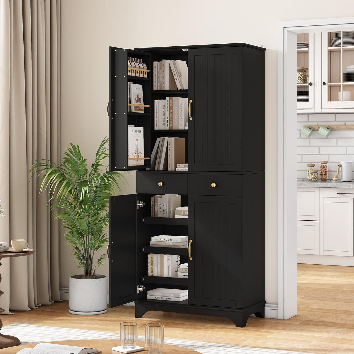 BUFFET mit vertikaler Maserung, geschwungener Sockel, verstellbaren Böden & Schubladen, neutral, MDF - Schwarz, Holzwerkstoff/Metall (77/181/40cm) - EVRYAE