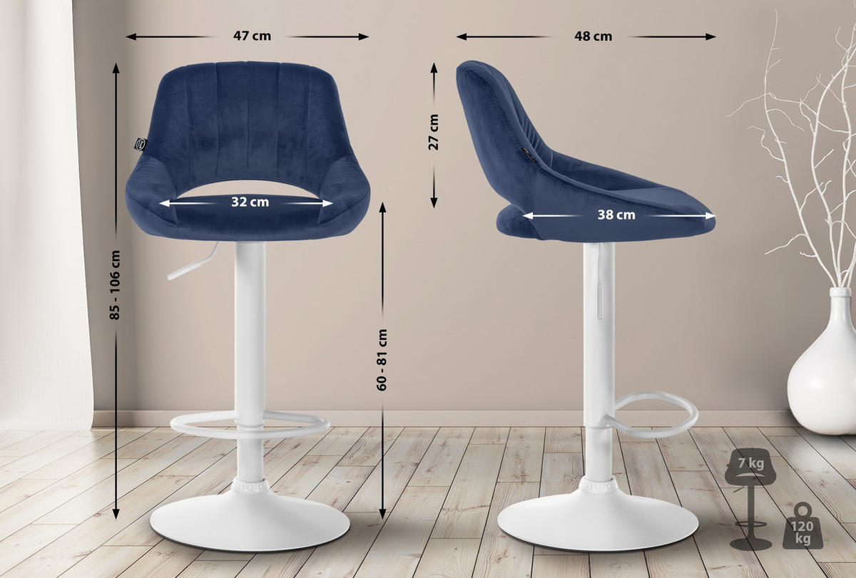 BARHOCKER 2er Set Samt blau - Blau/Weiß, Textil (47/85/48cm) - CLP
