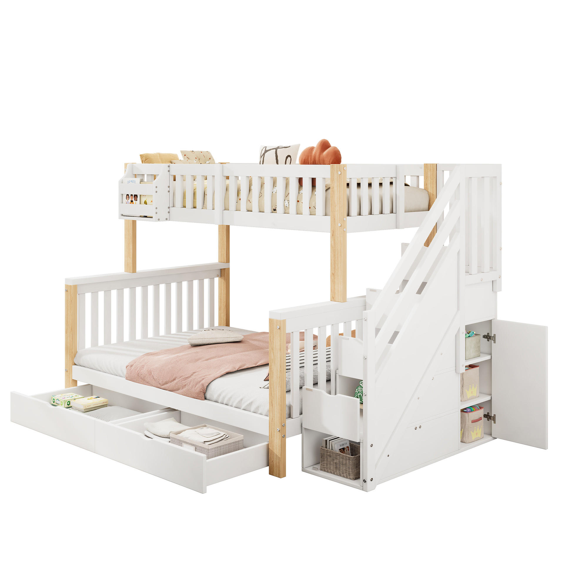 ETAGENBETT 90/200 & 140/200 cm aus Massivholz mit Treppenschrank und Stauraum - Weiß, Holzwerkstoff (90/200cm) - BEAOK